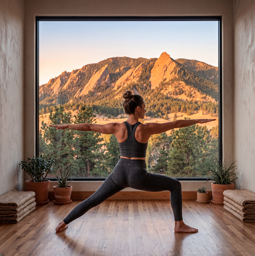 Lead instructor in warrior pose with mountains beyond